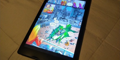 A page from the second Girl Genius webcomic collection, as displayed on my Fire HD 10.